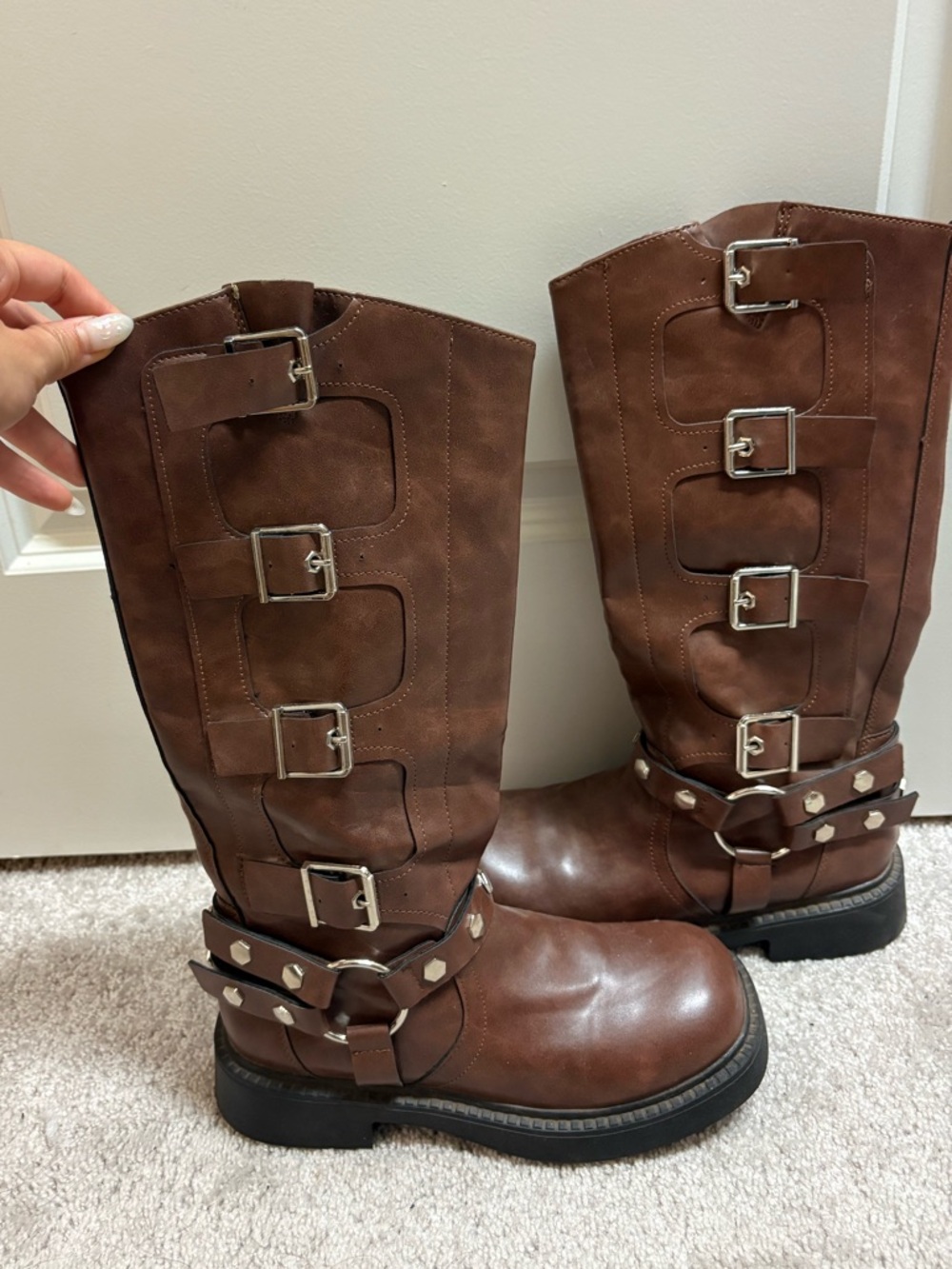 Brown Buckle Studded Leather Mid-Calf Boots